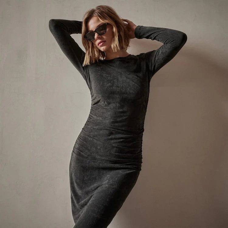 Dresses James Perse Stretch Velvet Ruched Dress - Fitted Long Sleeve Dim Gray