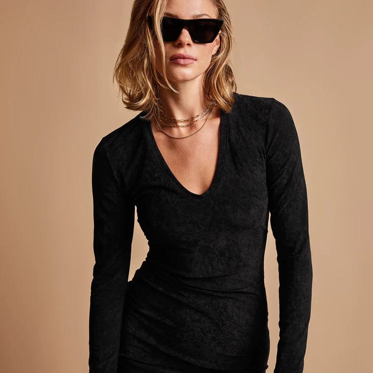Dresses James Perse Stretch Velvet V Neck Dress - Fitted Long Sleeve Rosy Brown