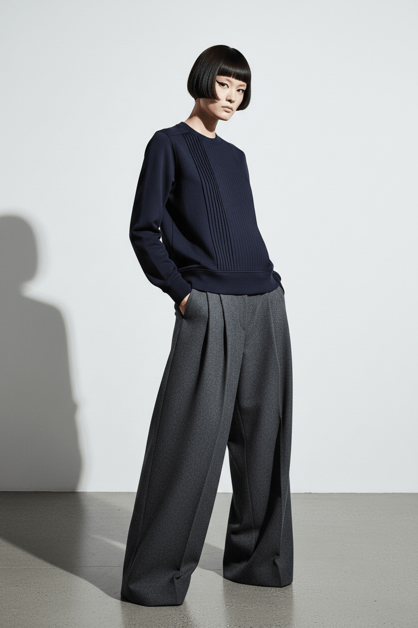 Undercover Shirts & Tops Navy / 1 / Cotton Undercover Navy Cotton Sweatshirt with Tuxedo Pleat Detail