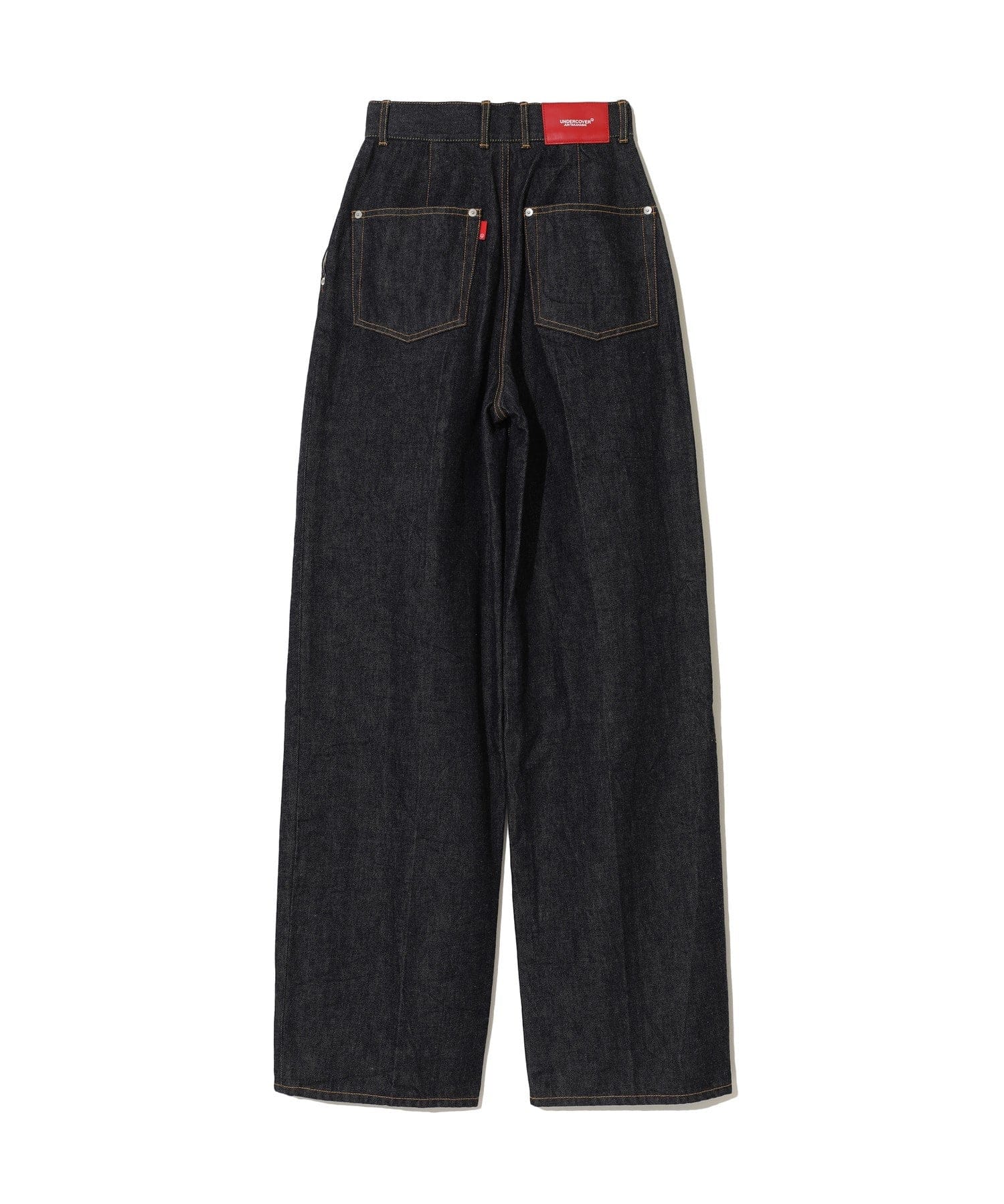 Womens Pants Undercover Indigo Pleated Denim with Red Logo Patch Black