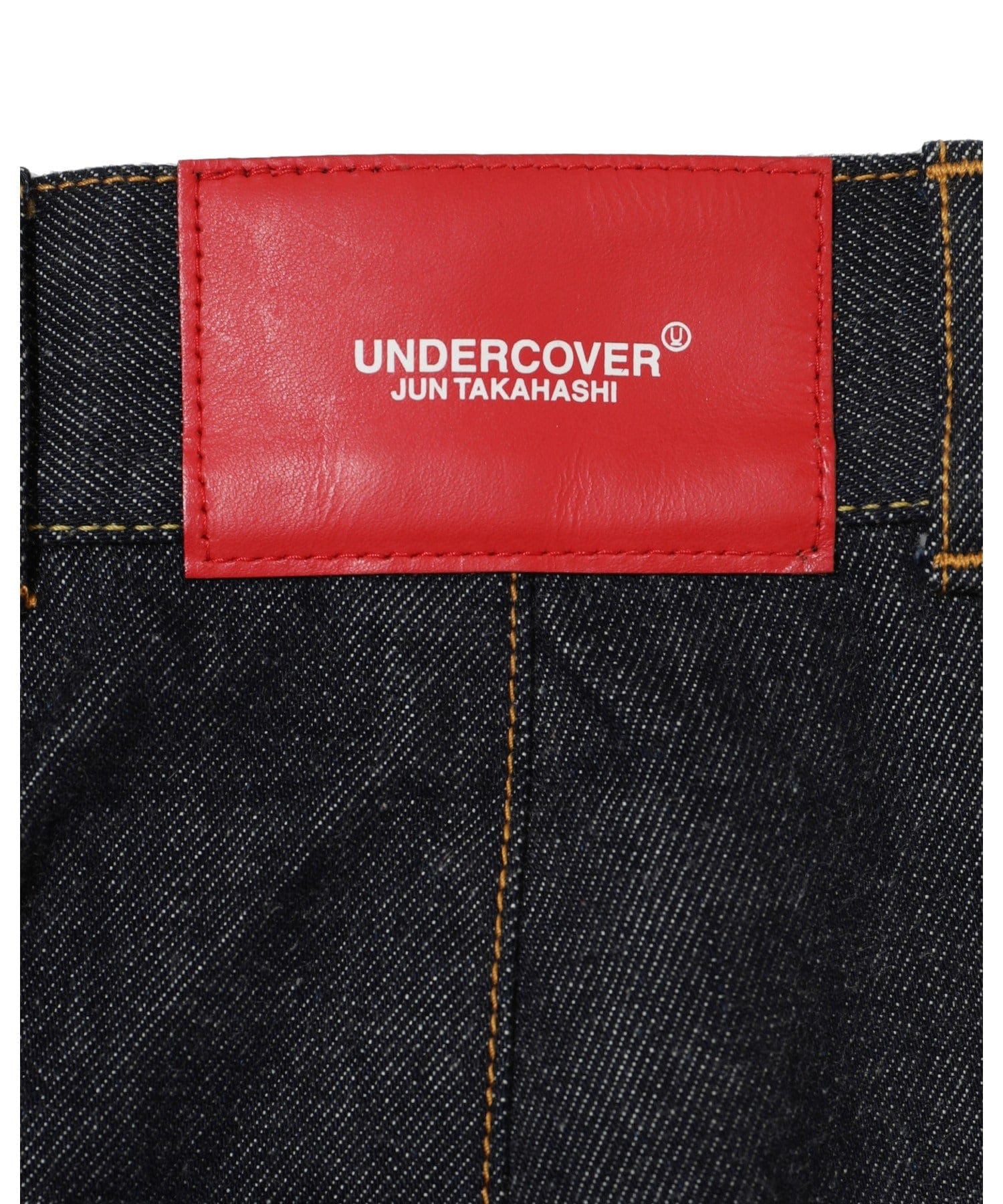 Womens Pants Undercover Indigo Pleated Denim with Red Logo Patch Maroon