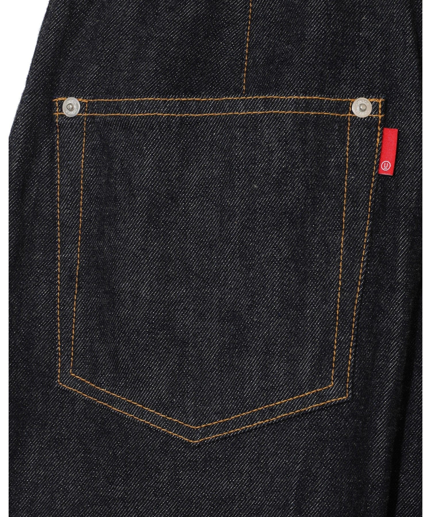 Womens Pants Undercover Indigo Pleated Denim with Red Logo Patch Black